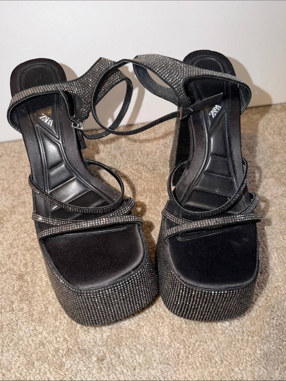 Zara Black Crystal-Embellished Platform Sandals
